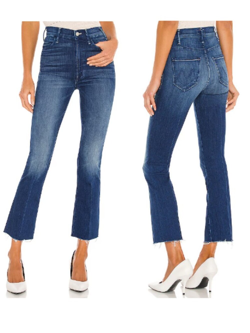 MOTHER 27 Hustler Ankle Fray Flare Jeans Raw Hem Squeeze It Medium Blue Wash